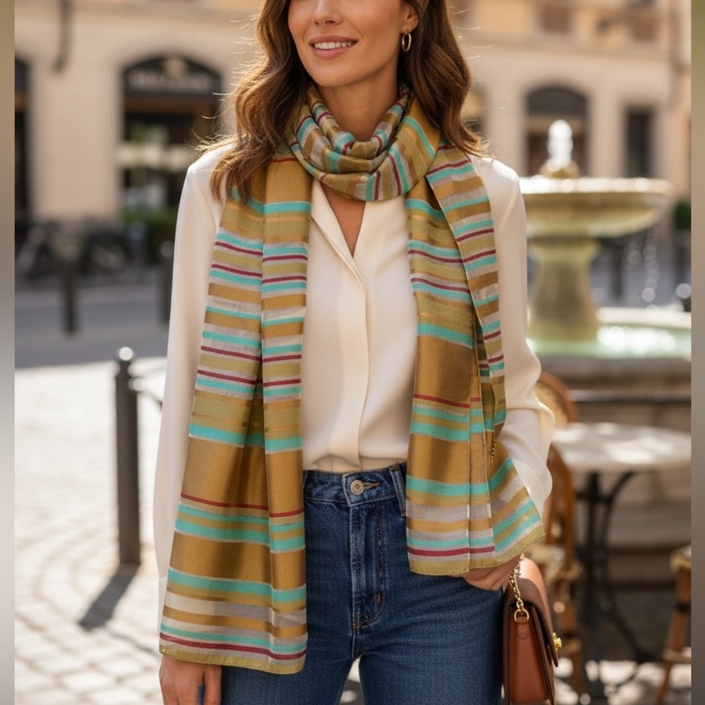 Italian Striped Metallic Holographic Oversized Cotton Blend Scarf